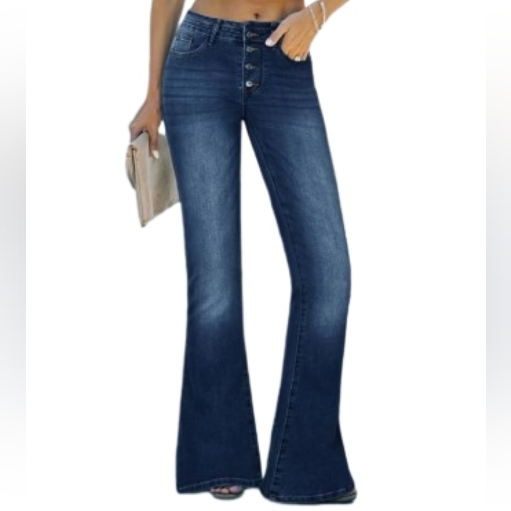Women's High Rise Four Button Fly Flared Bell Bottom Blue Jeans Sz Large